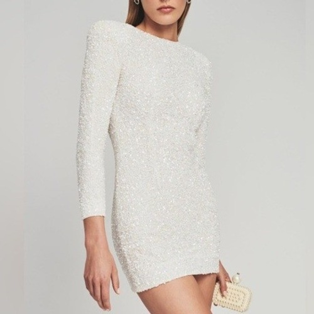 Retrofête Nikki Sequin Dress in White‎ Size XS Bridal Long Sleeve Mini